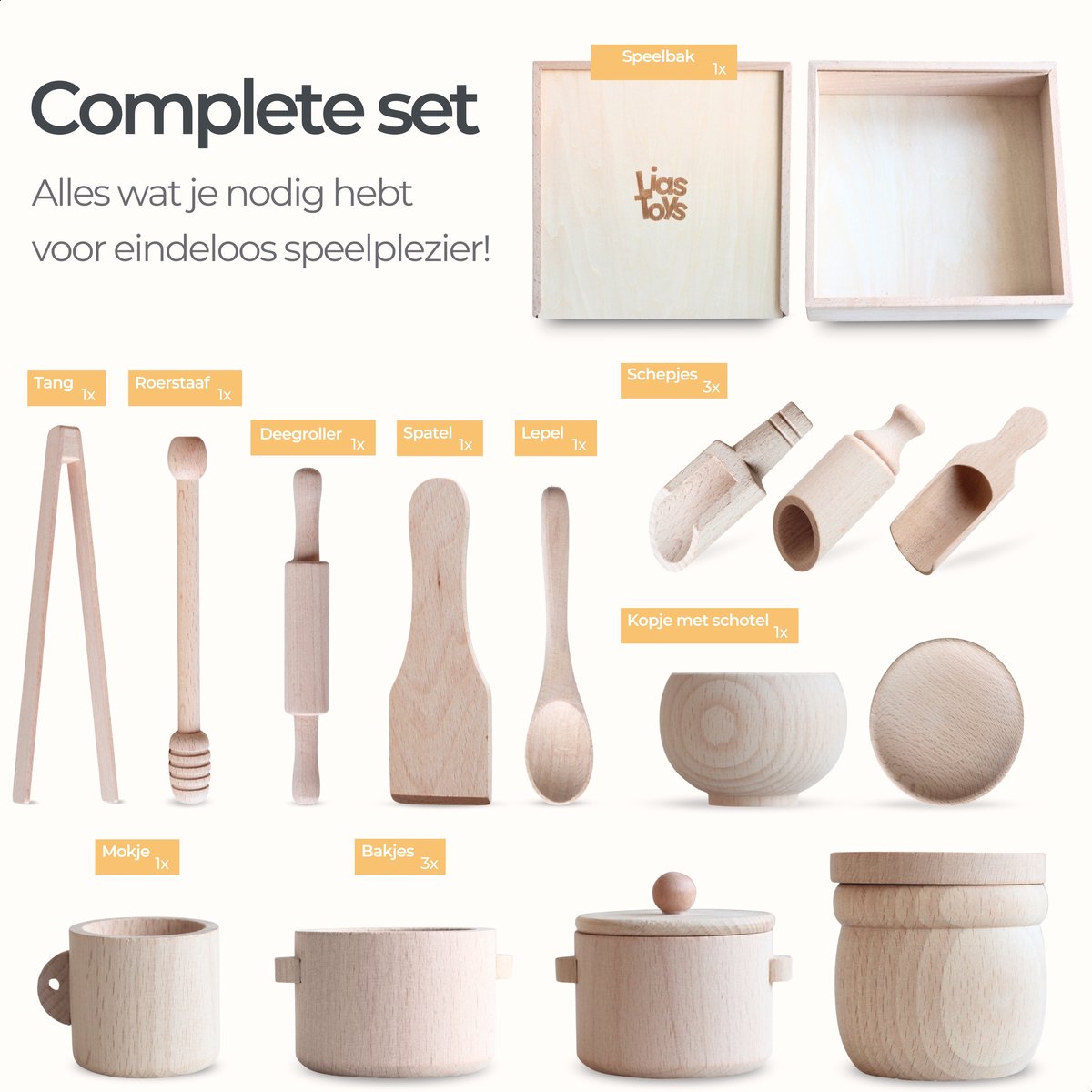 Houten Sensory Speelbak - Met Deksel & Accessoires - 30x30x6 cm — afbeelding 8