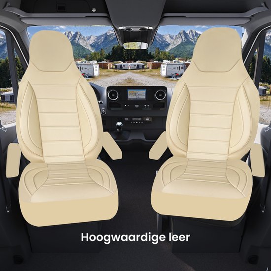 Housses de siège pour fourgonnette Ford Tourneo Transit Courier sur mesure, ensemble de 2 pièces - côté conducteur 1 + 1 côté passager | Avec housses d'accoudoirs | CBS101 | Beige | Simili cuir
