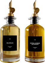 Set distributeur d'huile de Luxe – 2 pièces – Étiquettes hollandaises et Blanco – Bouteille d'huile – Huile d'olive – Must de la Cuisine – Avec entonnoir et stylo – Bec doré – 350 ml – Étiquettes noires