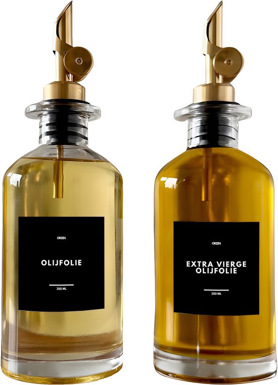 Orzen olie- en azijnflessen dispenser set - 2 stuks met gouden schenktuit, 7 NL zwarte labels, trechter en stift - inhoud 350 ml