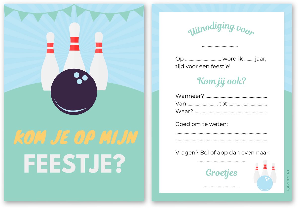 Uitnodiging kinderfeestje bowlen - 10 stuks - Uitnodiging verjaardag - Inclusief enveloppen - Uitnodiging bowling feestje