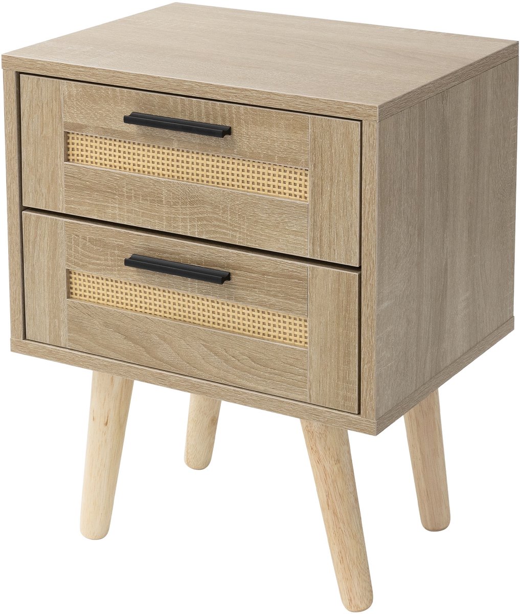 Nachtkastje 40x50,5x30 cm eikenlook bijzettafel met 2 laden en rotan front & massief houten poten ML design