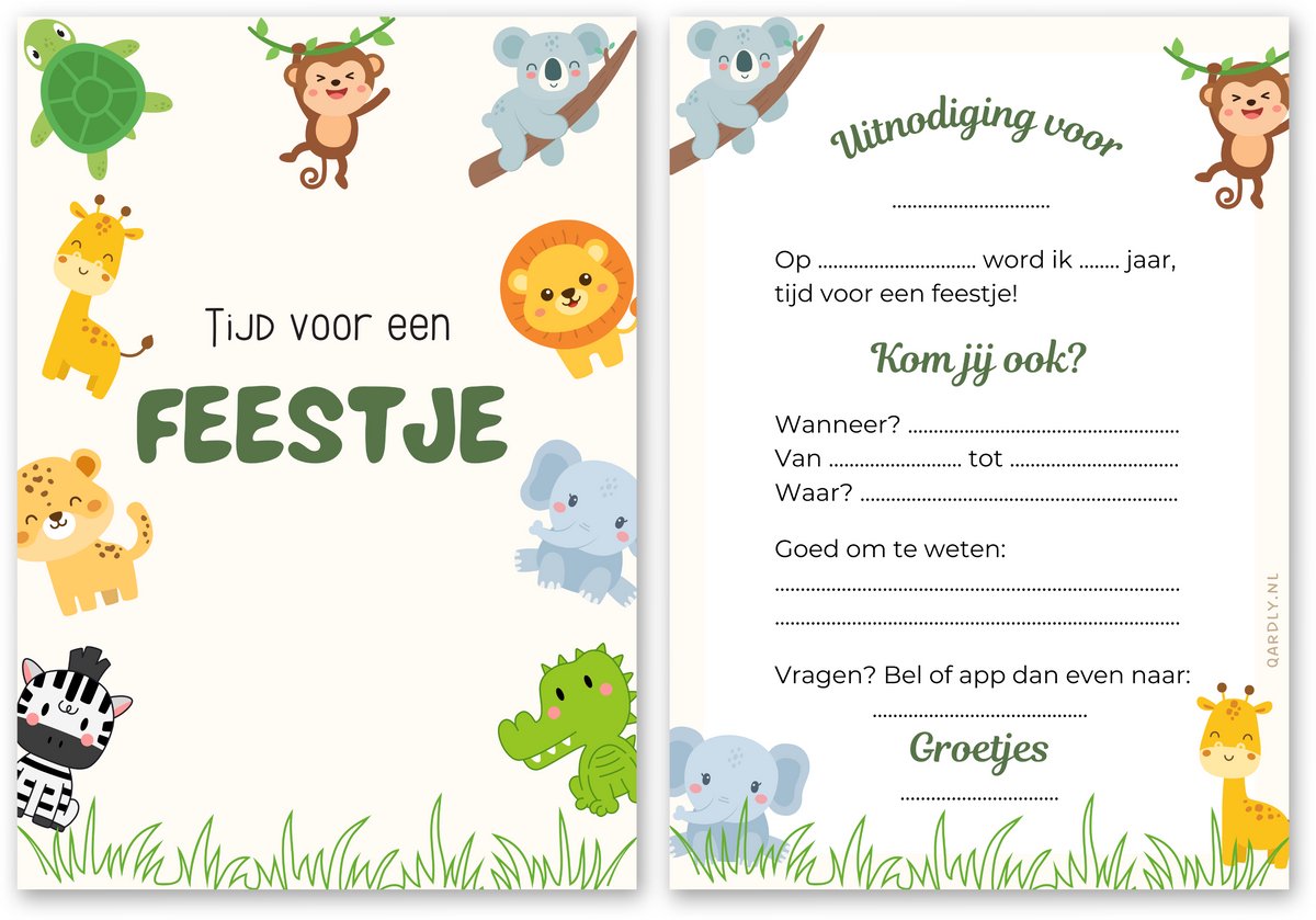 Uitnodiging kinderfeestje jungle - 10 stuks - Uitnodiging verjaardag - Inclusief enveloppen - Uitnodiging jungle dieren