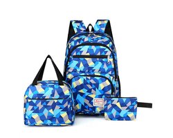 Ultiluxe® Rugzak, lunchtas en etui - Blauw/grijs - 3 stuks tassen set - Jongens en meiden - 42 x 32 x 15 cm - Schoolrugzak voor kinderen - Laptoptas 15.6 inch - Schooltas unisex - Rugtas met print - Schooltas - Tas voor school