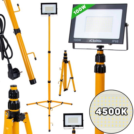 Goobay 57845 Led-bouwlamp, op telescoopstatief, 2 x 20 W, 3400 lm, neutraal wit licht, 4000 K, voor binnen en buiten, IP65, zwart/geel