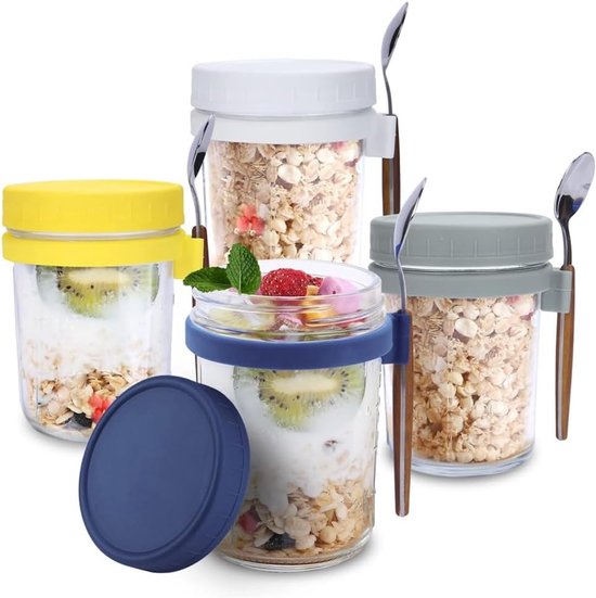 Lot De 3 Pots Overnight Oats Mulaibdin - 430ml Verre Avec Couvercle Et Cuillères - Idéal Pour Yaourt, Muesli Et Fruits