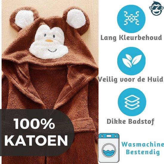Baby Badjas Aap - 0-12 maanden (0-1 jaar) - ochtendjas - katoen - snel drogend - met capuchon - kraamcadeau - dierenbadjas - sinterklaas - monkey| dier - meisjes en jongens - bruin van Merkloos — afbeelding 3