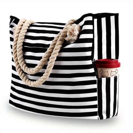 Ultiluxe® Grote strandtas strepen - Zwart/wit - XXL schoudertas voor volwassenen - 52 x 38 x 15 - Handtas met magnetische sluiting - Zijvakken - Waterdicht - Veel vakken - Zwemtas, shopper, weekendtas - Grote capaciteit