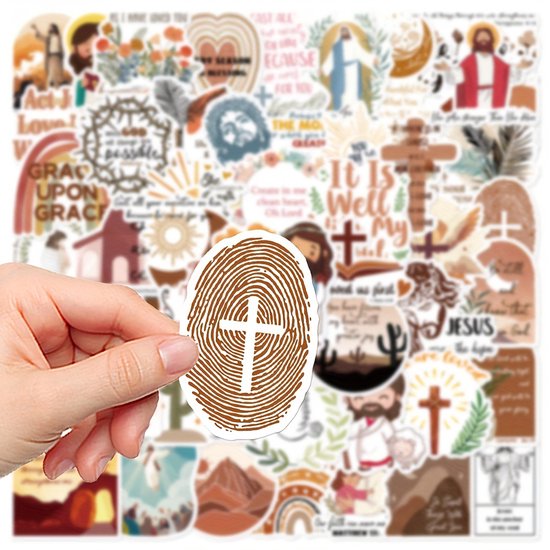 Sticker met een vingerafdruk met een wit kruis erin, op de achtergrond veel christelijke stickers.