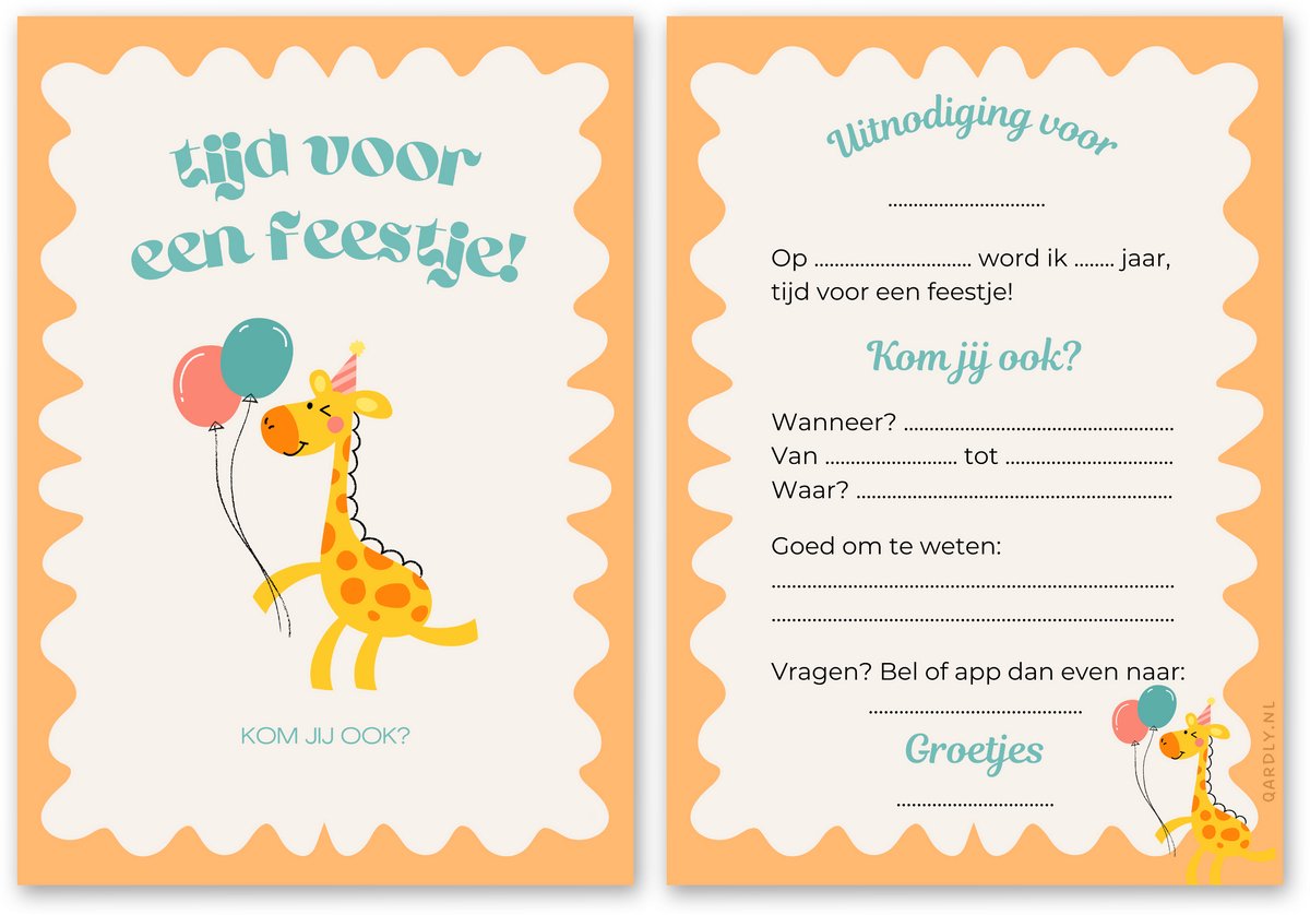 Uitnodiging kinderfeestje giraffe - 10 stuks - Uitnodiging verjaardag - Inclusief enveloppen - Uitnodiging giraffen feestje - Dierenfeestje - Safari