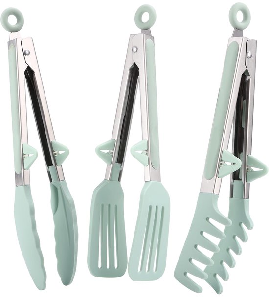 Keukentang, roestvrij staal, 23 cm, 3 stuks, grilltang met siliconen opzetstukken, grilltang, buffet, zwart