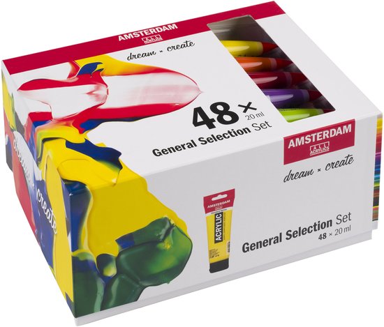 Boîte de l'Amsterdam General Selection Set avec 48 tubes de peinture acrylique de 20 ml.