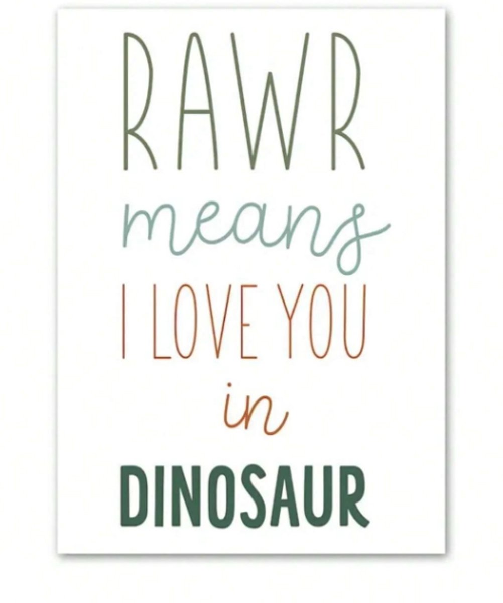 Canvas Doek 50x70 cm | Wanddecoratie Kinderkamer Dinosaurus Thema | "Rawr Means I Love You in Dinosaur" | Neutrale Kleuren | Muurdecoratie Babykamer | Baby Accessoires | Los Canvasdoek
