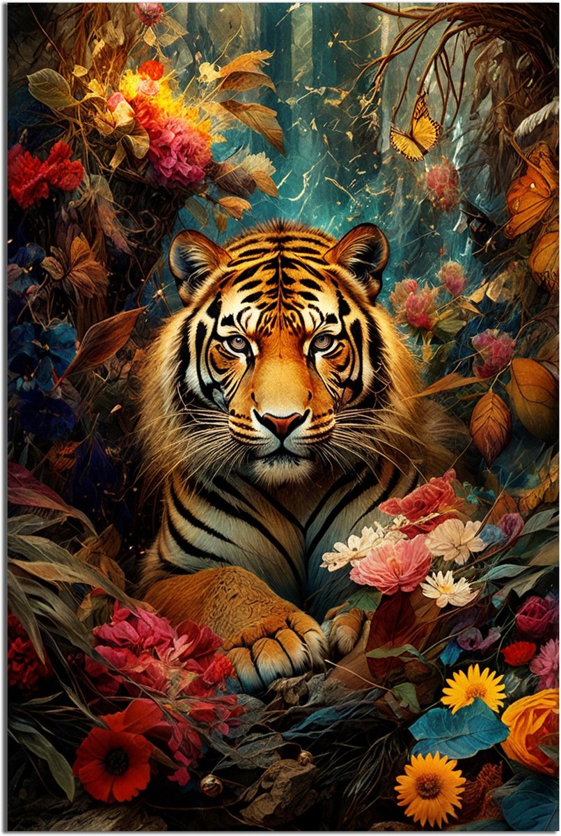 Glasschilderij Tijgerbloei in mystiek - 30 x 20 cm - Tijger - Dierenhoofden;Bloemen en Planten - Acrylaat - Inclusief wandbevestiging - Foto op plexiglas - Wanddecoratie woonkamer