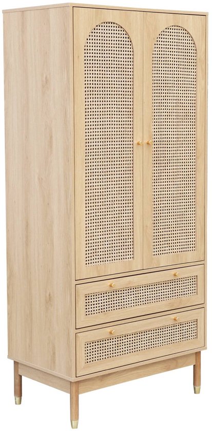 sweeek - Kledingkast judith 2 deuren 2 lades rotan, handgrepen en poten met een gouden afwerking, 80 x 50 x 180 cm