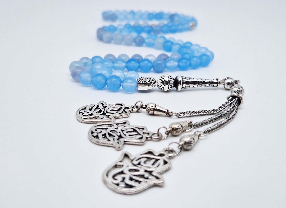 Handgemaakte tesbih "Tasbih" natuursteen " Blauwe Jade " - Aantal kralen 99 - Diameter kralen 8MM - met metaal tassel "Maryams handpalm" - Een mooi cadeau-idee