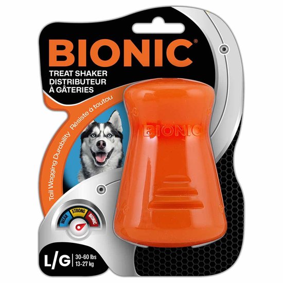 Oranje Bionic Treat Shaker met opengewerkt ontwerp en een Siberische Husky.