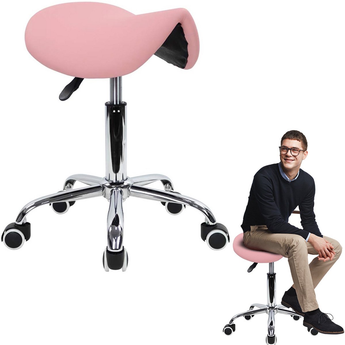 ApexArte® Zadelkruk op Wielen - Kapperskruk Ergonomisch - Tabouret - Roze