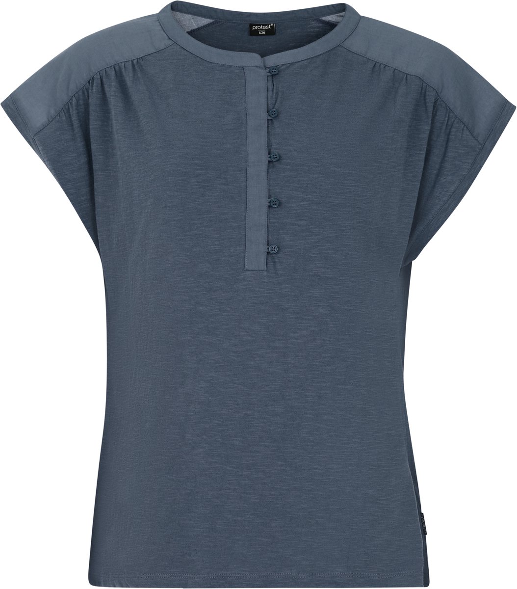 Protest Prtbaila – T shirt Dames – Korte mouwen – Ronde hals – Knoopsluiting Blauw