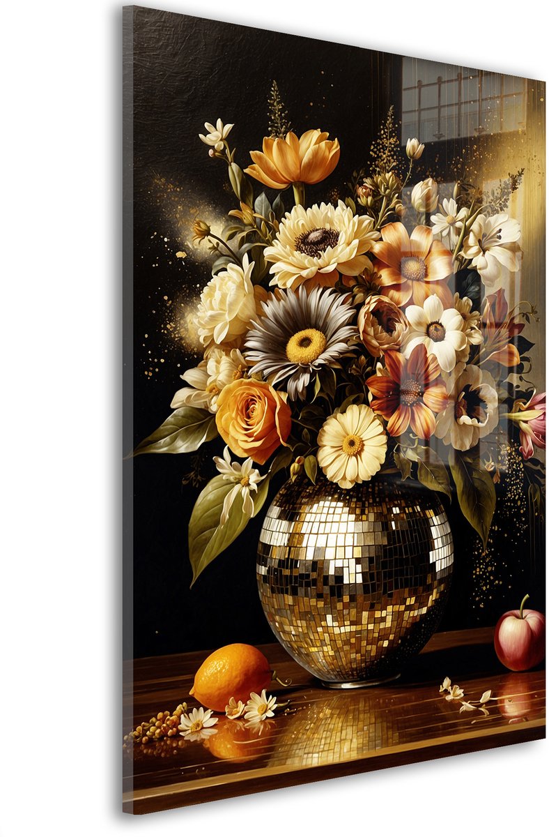 Glasschilderij Gouden bloemendisco vaas - 30 x 20 cm - Bloemen - Bloemen en Planten - Acrylaat - Inclusief wandbevestiging - Foto op plexiglas - Wanddecoratie woonkamer