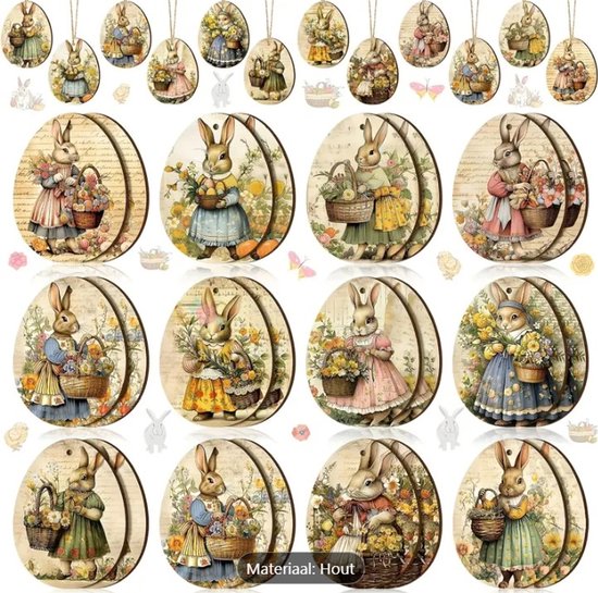 Decoratie eieren hout Pasen - Schattige ei konijn figuren - Happy Easter - Peter Konijn / Rabbit - Paasdecoratie - Konijntjes - Hanger - Paashangers - Decoratie kinderkamer - Versiering - Guirlande - Banner - Pasen - Paashaas - Haas - Set van 8 stuks