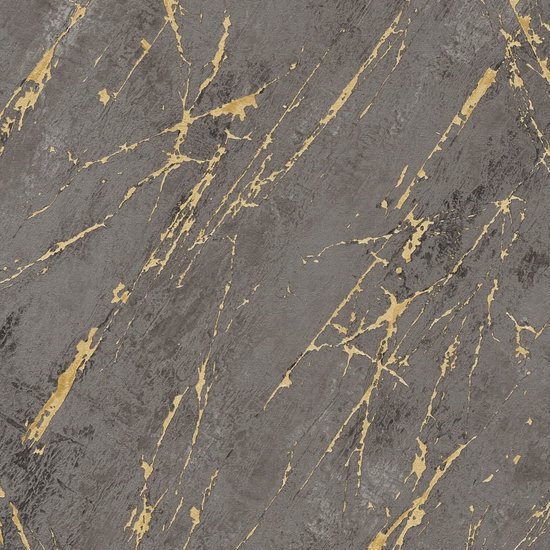 Steen tegel behang Profhome 388175-GU vliesbehang hardvinyl warmdruk in reliëf gestructureerd in marmerlook mat antraciet goud zwart 5,33 m2