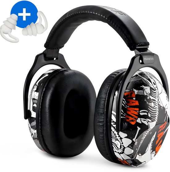 Maness - Gehoorbescherming kinderen – Oorbeschermers kinderen - Oorkappen kinderen - Verminderd omgevingsgeluid en verhoogd de concentratie – Dino oranje – Demping 27 dB - Met extra oordopjes