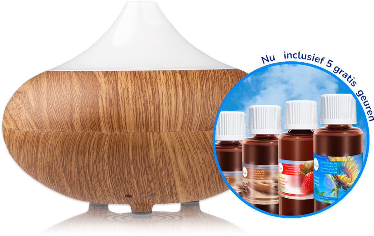 Progenion PR-02K Aromadiffuser – Stil, LED Mood Verlichting & Luchtbevochtiger | Etherische Olie Diffuser voor Slaapkamer, Woonkamer & Kantoor. Incl. 5 GEUREN