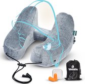 TRAVARA Coussin de nuque gonflable Avion - The Airsnoozer - Coussin de voyage - Pour avion et voiture - Avec bouchons d'oreille - Coussin de cou - Gris