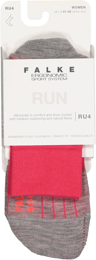 Falke RU4 sokken in grijs met roze band en logo, verpakt in karton.