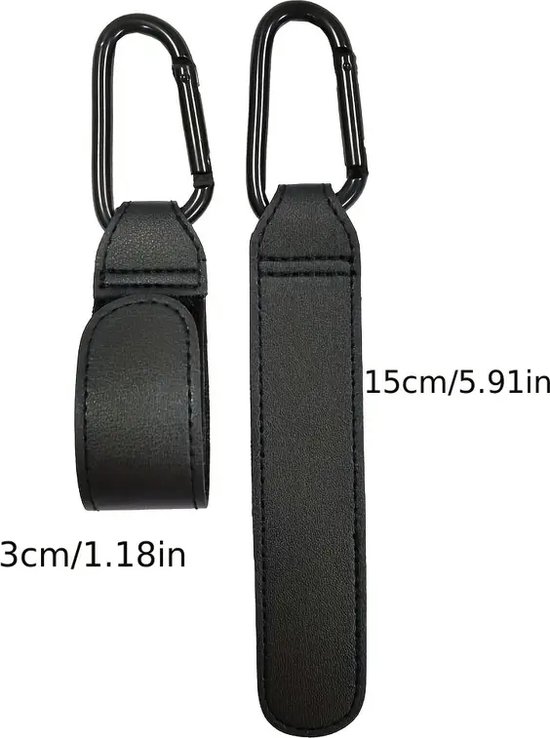 Zwarte kunstlederen kinderwagenhaken met zwarte karabijnsluitingen, met afmetingen 3cm en 15cm.