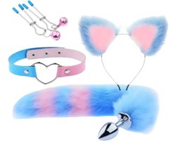 TipsToys Buttplug 4 Delige set - Staart Haarband met Oren Halsband Tepelklemmen - SexToy voor Koppels - Foxtail Blauw/Roze