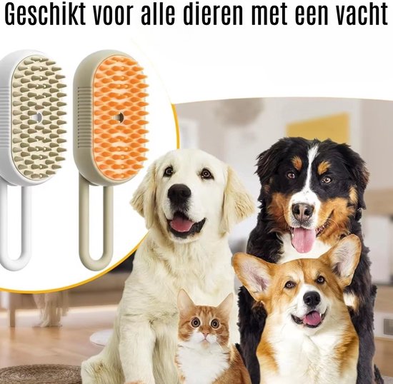 Twee stoomborstels, een oranje en een witte, naast een groep van vier huisdieren: twee honden en een kat.