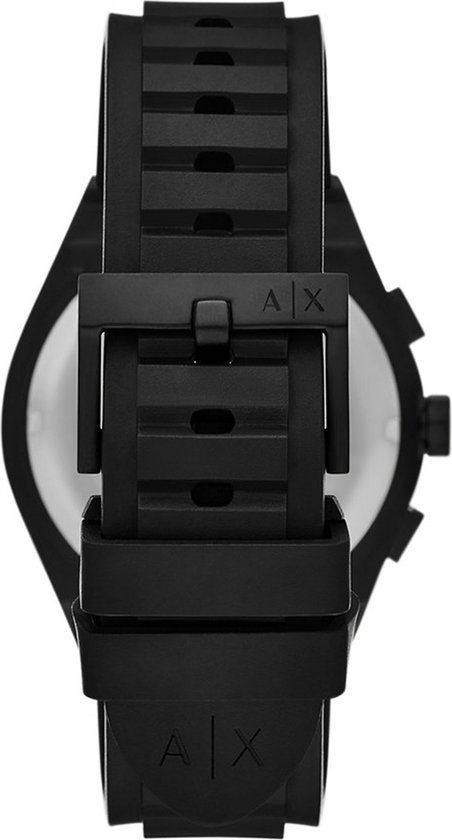 Sluiting van een zwart Armani Exchange horloge met A|X logo.