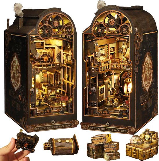 DIY Book Nook Kit- steampunk-tijdperk- houten modelbouw- DIY miniatuur poppen huis- met LED en muziekdoos - doe-het-zelf houten poppenhuis kit -puzzel huis model bouwsets, thuis, boekenplank decor