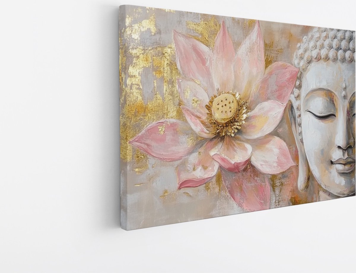 Saammp Canvas Schilderij - Boeddha - Roze Lotus Bloem - 90x60 - Foto op canvas - Wanddecoratie - Muurdecoratie Woonkamer - Canvas schilderijen Multicolor
