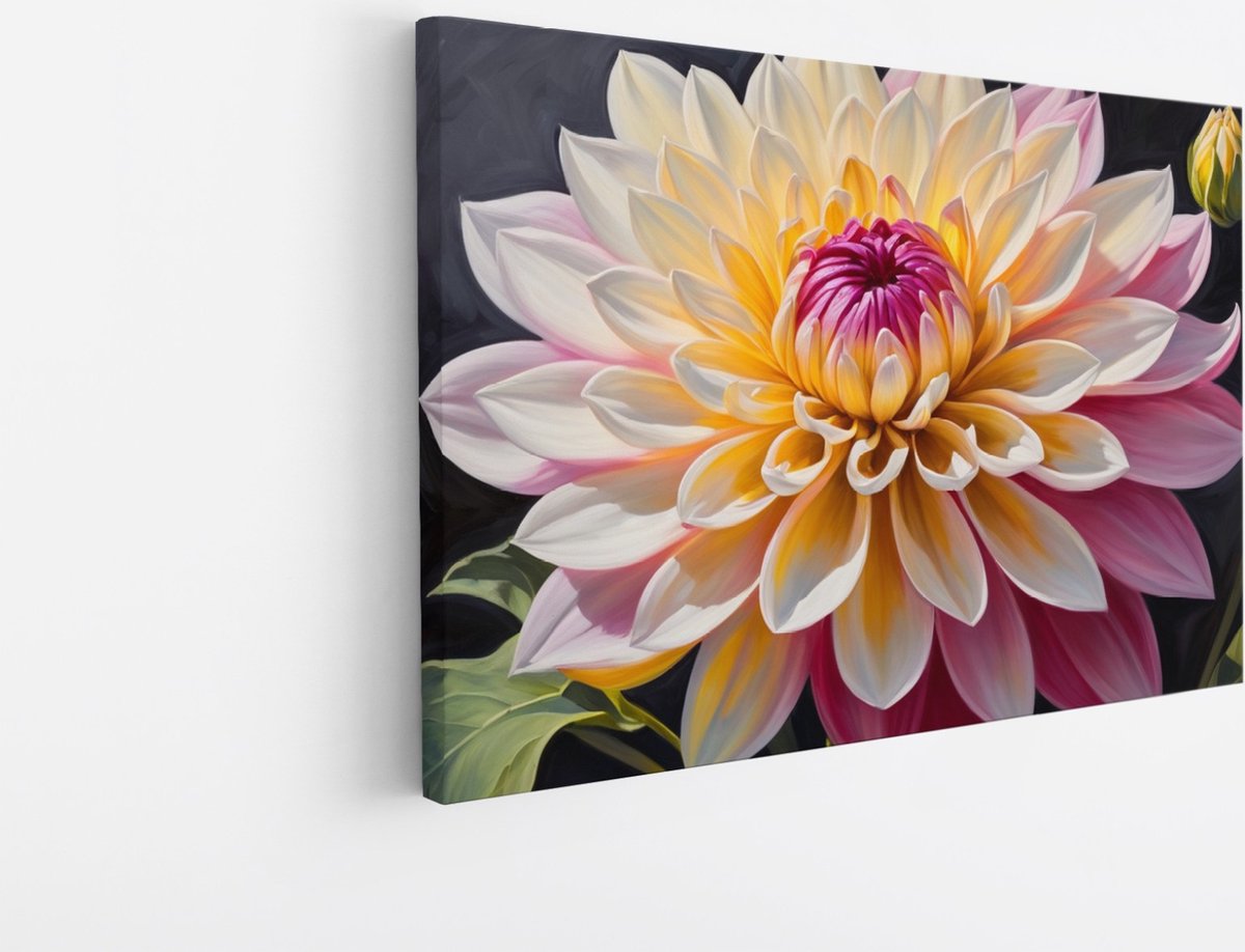 Saammp Canvas Schilderij - Groot Gele en Roze Dahlia - Natuur - Abstract - 90x60 - Foto op canvas - Wanddecoratie - Muurdecoratie Woonkamer - Kantoor Decoratie Multicolor