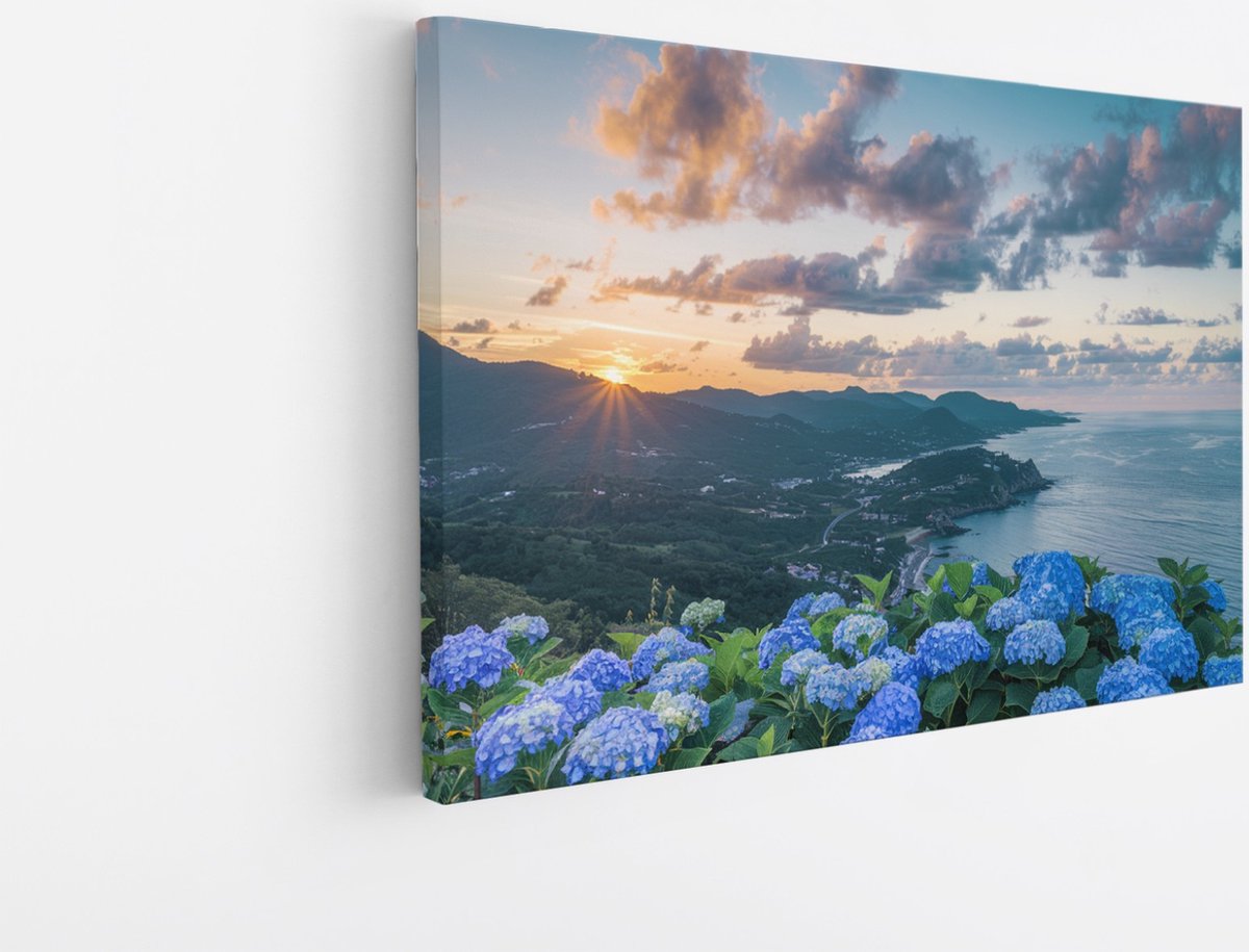 Saammp Canvas Schilderij - Bloemen aan de kust - Landschap - Natuur - 45x30 - Foto op canvas - Wanddecoratie - Muurdecoratie Woonkamer - Slaapkamer decoratie - Canvas Print Multicolor