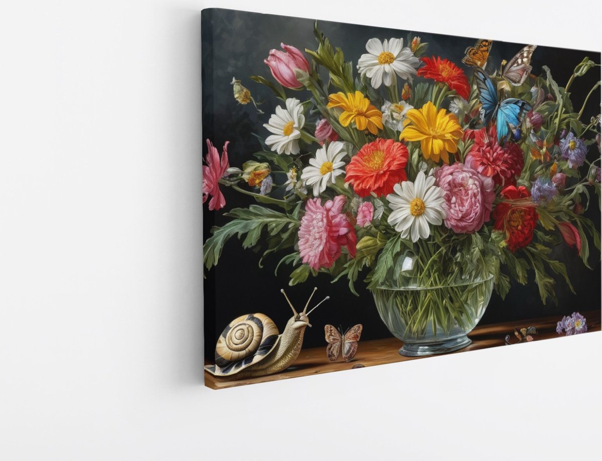 Saammp Canvas Schilderij - Vaas met bloemen - Kleurrijk - Natuur - 40x30 - Foto op canvas - Wanddecoratie - Muurdecoratie Woonkamer - Kantoor Decoratie Multicolor