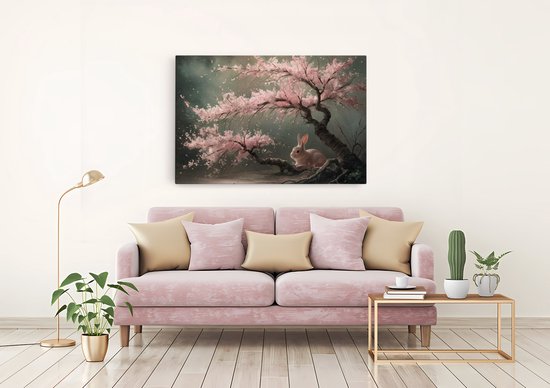 Saammp Canvas Schilderij - Haas bij roze boom - Landschap - Natuur - 150x100 - Foto op canvas - Wanddecoratie - Muurdecoratie Woonkamer - Slaapkamer decoratie - Canvas Print