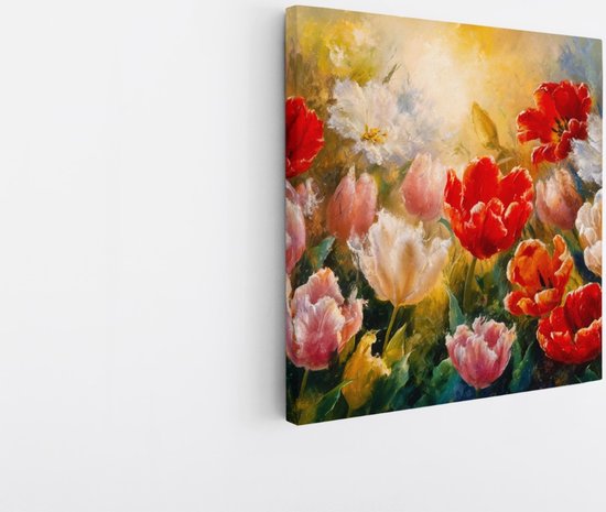 Saammp Canvas Schilderij - Rood - Wit - Bloemen - Natuur - 20x20 - Foto op canvas - Wanddecoratie - Muurdecoratie Woonkamer - Kantoor Decoratie