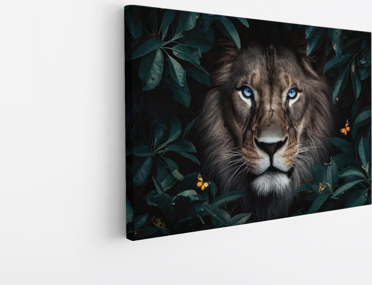 Saammp Canvas Schilderij - Leeuw tussen de bladeren en vlinders - Dieren - Natuur - 30x20 - Foto op canvas - Wanddecoratie - Muurdecoratie Woonkamer - Slaapkamer decoratie - Canvas Print Multicolor