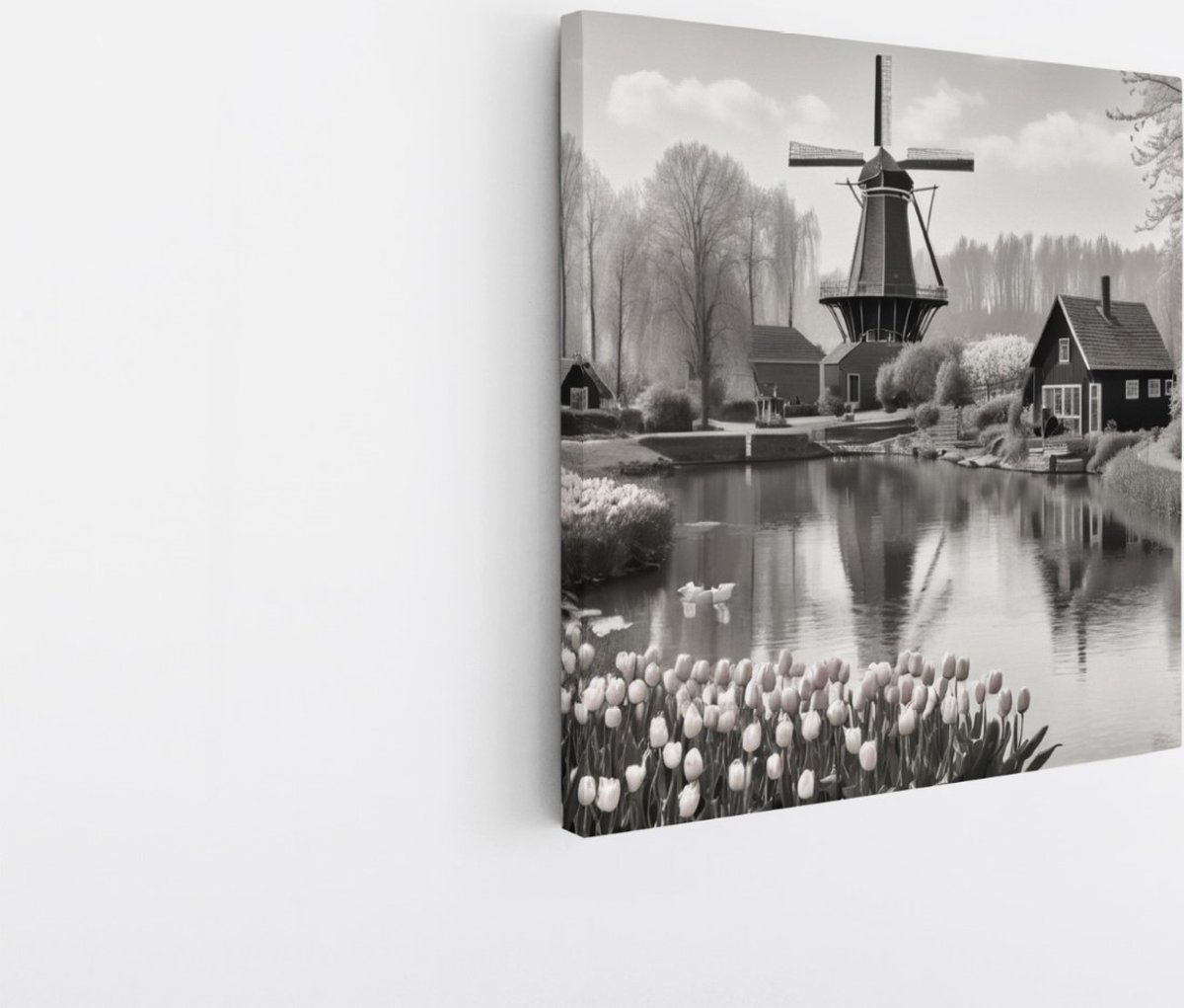 Saammp Canvas Schilderij - Landschap - Molen - Zwart-Wit - Natuur - 20x20 - Foto op canvas - Wanddecoratie - Muurdecoratie Woonkamer - Slaapkamer decoratie - Canvas Print Multicolor