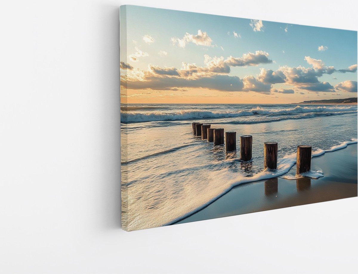 Saammp Canvas Schilderij - Strand en zee - Hout - Natuur - Landschap - 40x30 - Foto op canvas - Wanddecoratie - Muurdecoratie Woonkamer - Slaapkamer decoratie - Canvas Print Multicolor