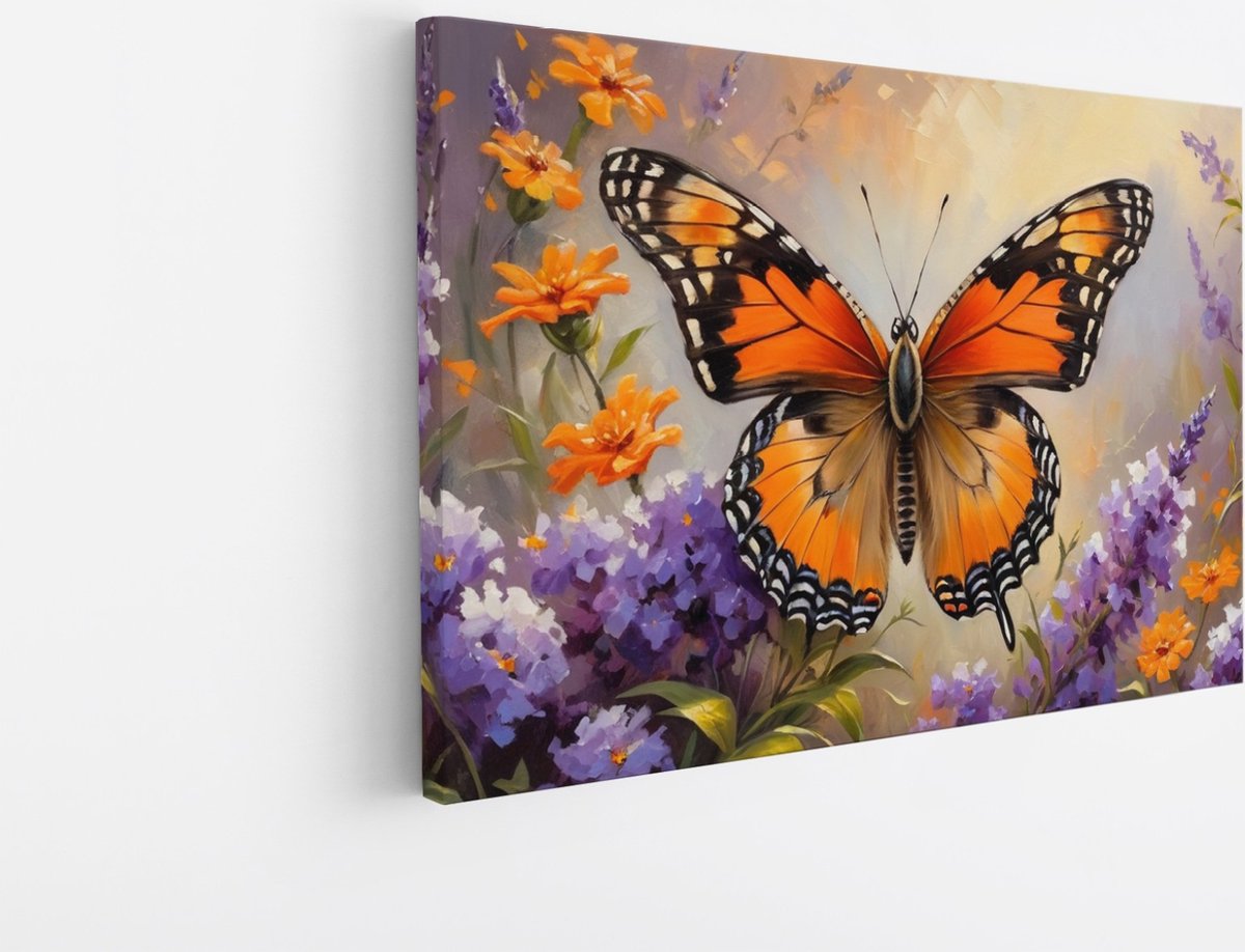 Saammp Canvas Schilderij -Vlinder bij paarse bloemen - Dieren - Abstract - 40x30 - Foto op canvas - Wanddecoratie - muurdecoratie Woonkamer - Slaapkamer decoratie - Canvas Print Multicolor