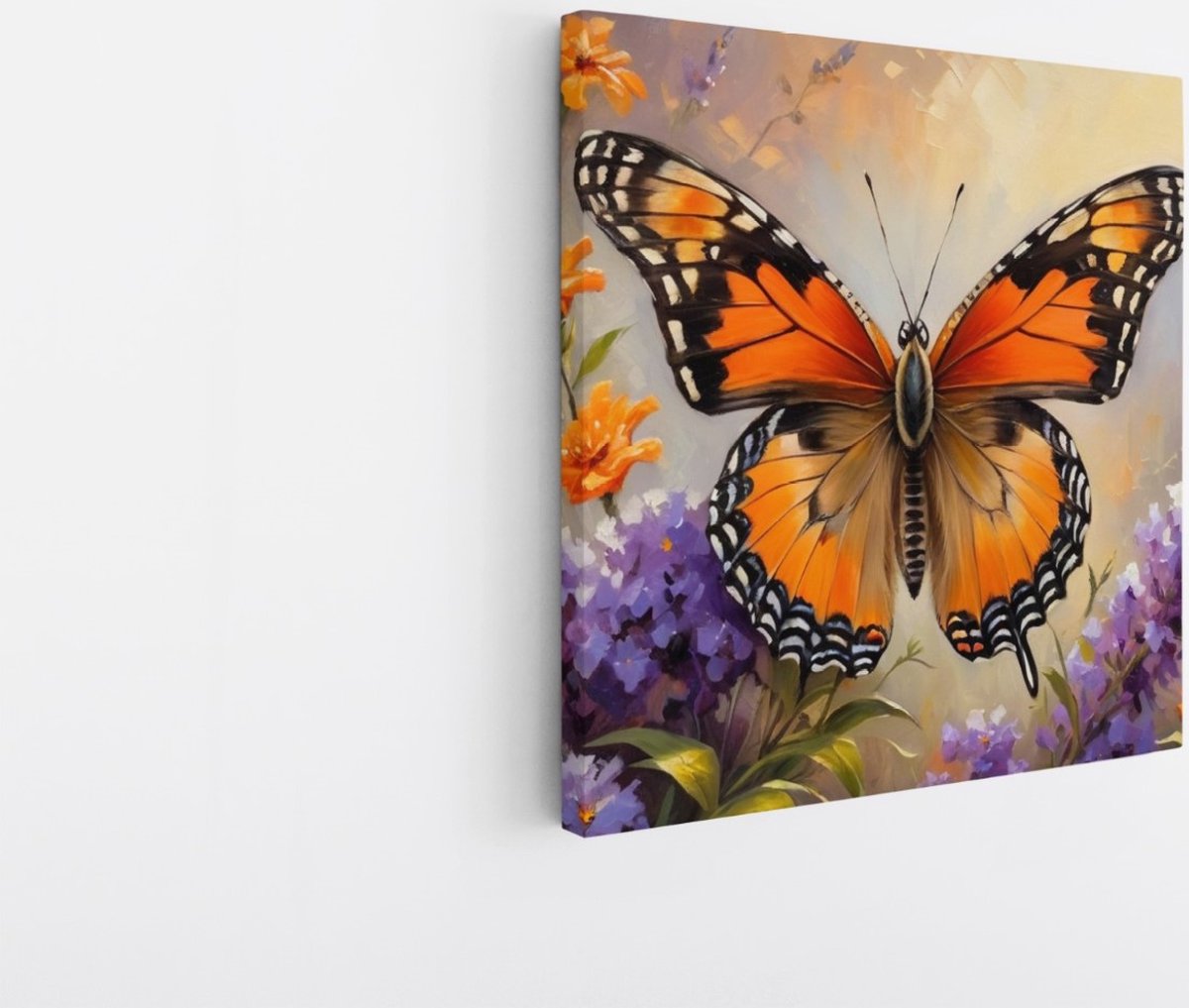 Saammp Canvas Schilderij -Vlinder bij paarse bloemen - Dieren - Abstract - 20x20 - Foto op canvas - Wanddecoratie - muurdecoratie Woonkamer - Slaapkamer decoratie - Canvas Print Multicolor
