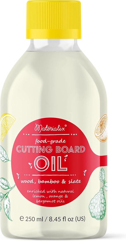 Huile pour planche à découper Materialix – Huile minérale de qualité alimentaire pour Planches à découper en bois et en Bamboe au parfum d'agrumes – 250 ml