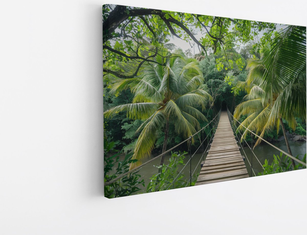 Saammp Canvas Schilderij - Touwbrug - Landschap - Natuur - 60x40 - Foto op canvas - Wanddecoratie - Muurdecoratie Woonkamer - Slaapkamer decoratie - Canvas Print Multicolor