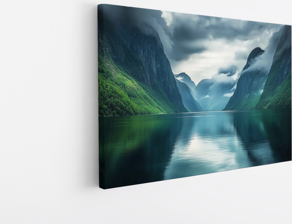 Saammp Canvas Schilderij - Fjorden met mist - Landschap - Natuur - 60x40 - Foto op canvas - Wanddecoratie - Muurdecoratie Woonkamer - Slaapkamer decoratie - Canvas Print Multicolor