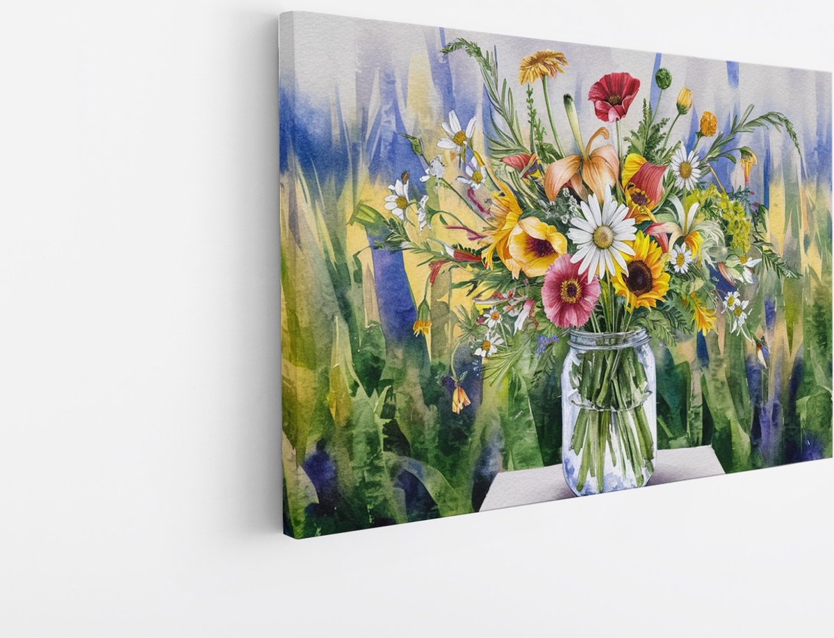 Saammp Canvas Schilderij - boeket - Kleurrijke Bloemen - 100x75 - Foto op canvas - Wanddecoratie - Muurdecoratie Woonkamer - Kantoor Decoratie Multicolor